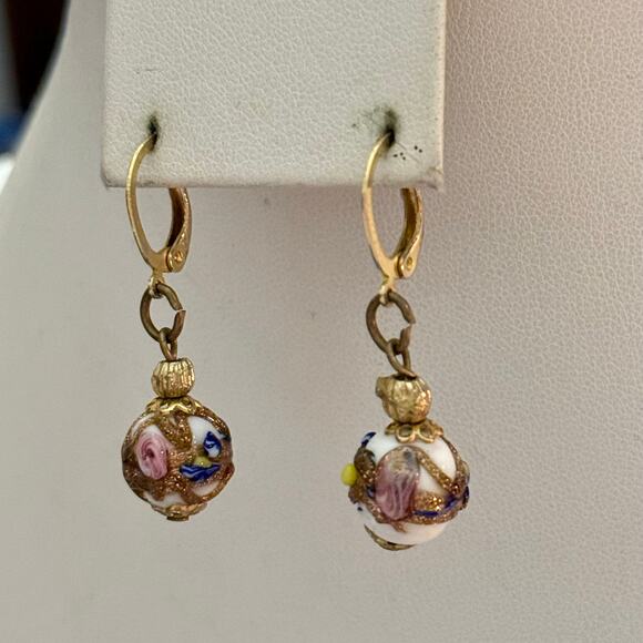 Handcrafted Jewelry - Italian Venetian Wedding Cake Glass Beaded Drop Earrings